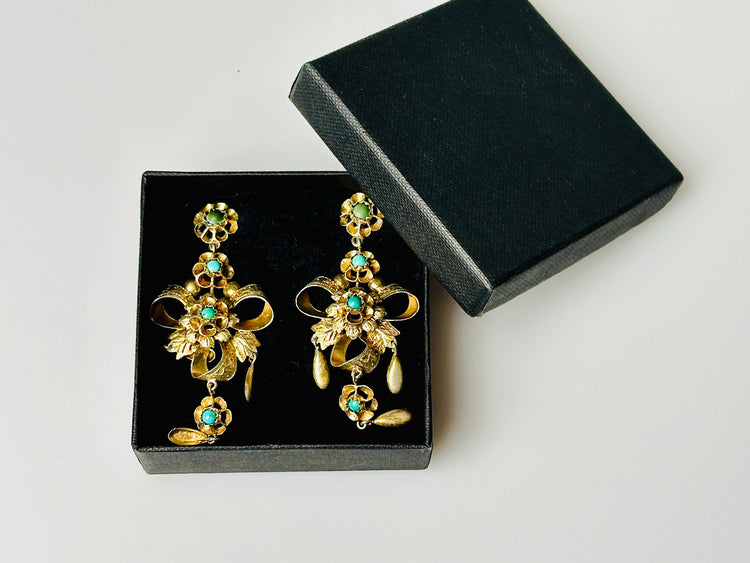 Ohrhänger Ohrringe ANTIK 19. Jhd. Silber vergoldet Türkise Clip 7 cm Länge