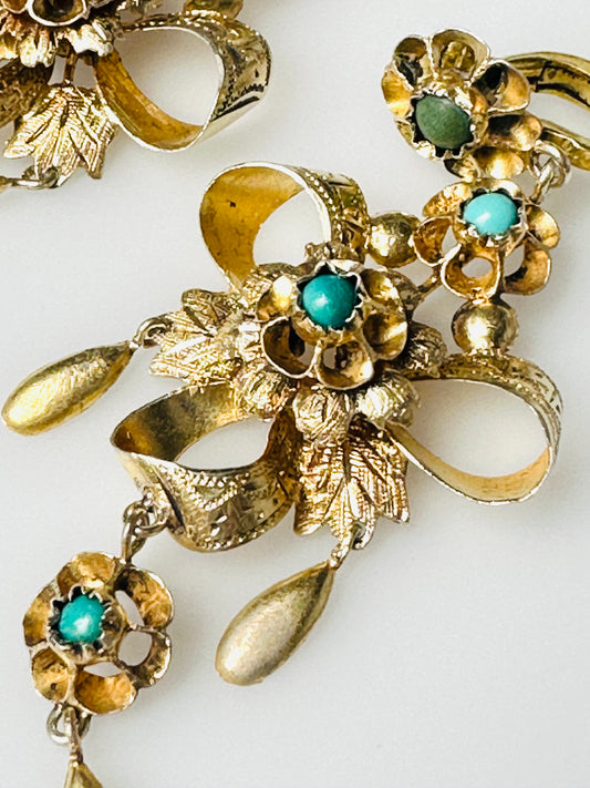 Ohrhänger Ohrringe ANTIK 19. Jhd. Silber vergoldet Türkise Clip 7 cm Länge