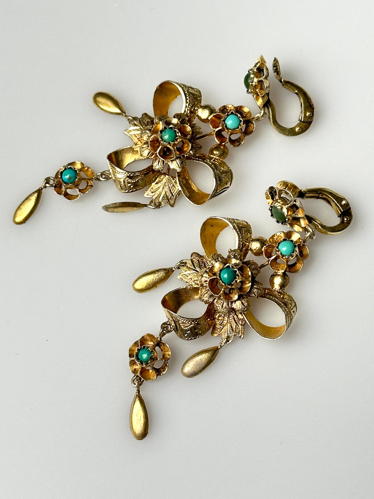 Ohrhänger Ohrringe ANTIK 19. Jhd. Silber vergoldet Türkise Clip 7 cm Länge