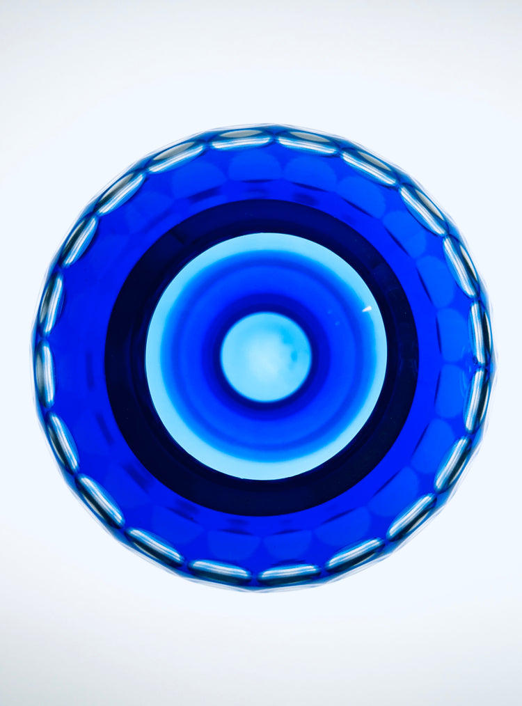 Vase Marita Voigt DDR Design blau Glas VEB Harz Kristall Spaceage Op Art Fernsehturm Berlin