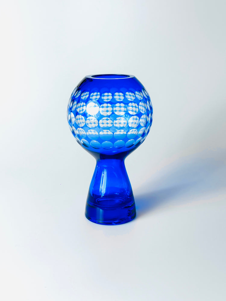 Vase Marita Voigt DDR Design blau Glas VEB Harz Kristall Spaceage Op Art Fernsehturm Berlin
