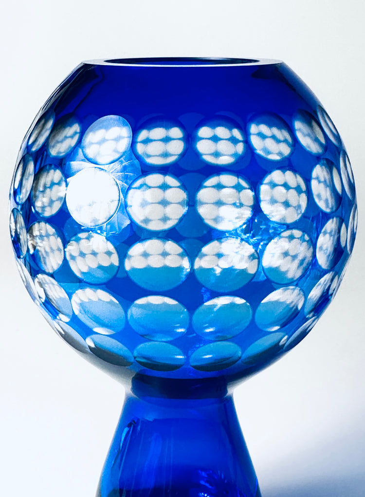 Vase Marita Voigt DDR Design blau Glas VEB Harz Kristall Spaceage Op Art Fernsehturm Berlin
