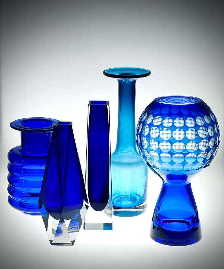 Vase Marita Voigt DDR Design blau Glas VEB Harz Kristall Spaceage Op Art Fernsehturm Berlin