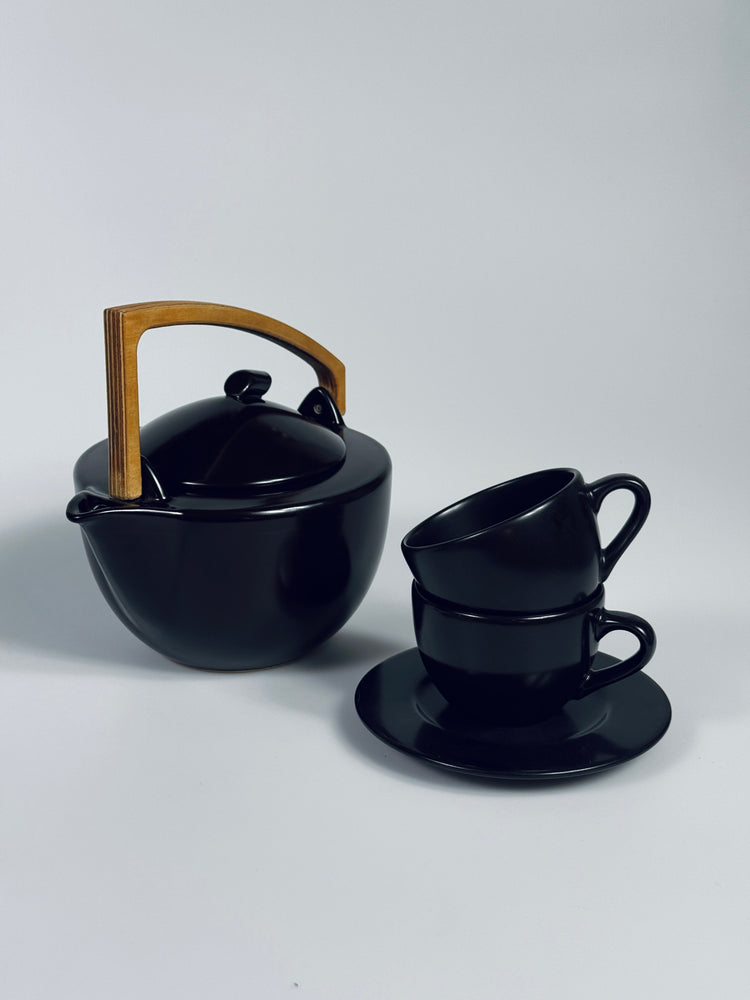 Teekanne Wächtersbach schwarz Bauhaus Art Deco Modernism Keramik Holz 1980s