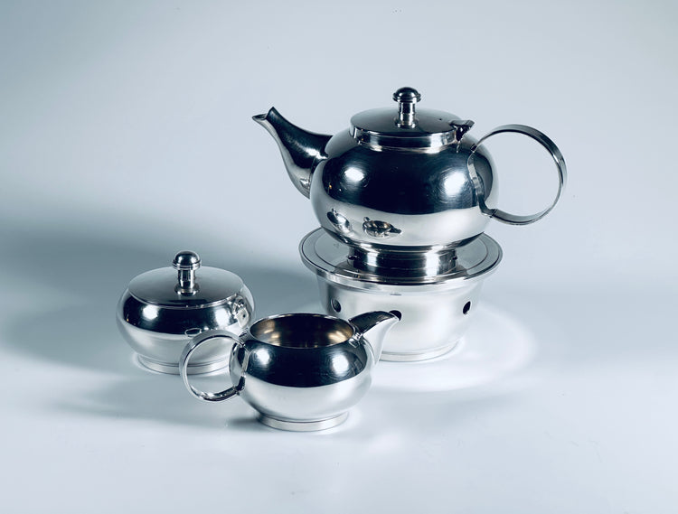 Tee-Service Teekanne Stövchen Sahnegießer Zuckerschale Set versilbert 1960er