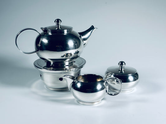 Tee-Service Teekanne Stövchen Sahnegießer Zuckerschale Set versilbert 1960er