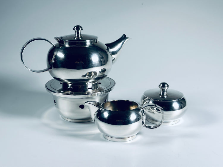 Tee-Service Teekanne Stövchen Sahnegießer Zuckerschale Set versilbert 1960er