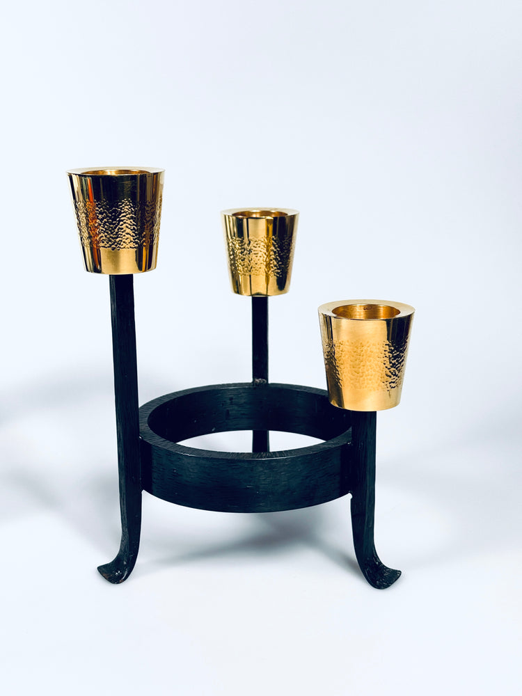 Kerzenständer Brutalist Messing Eisen massiv vergoldet 3 Flammen Deutschland 1950er