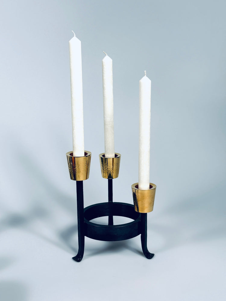 Kerzenständer Brutalist Messing Eisen massiv vergoldet 3 Flammen Deutschland 1950er