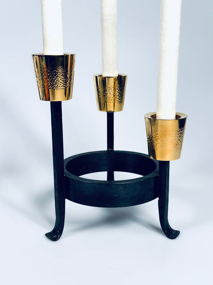 Kerzenständer Brutalist Messing Eisen massiv vergoldet 3 Flammen Deutschland 1950er