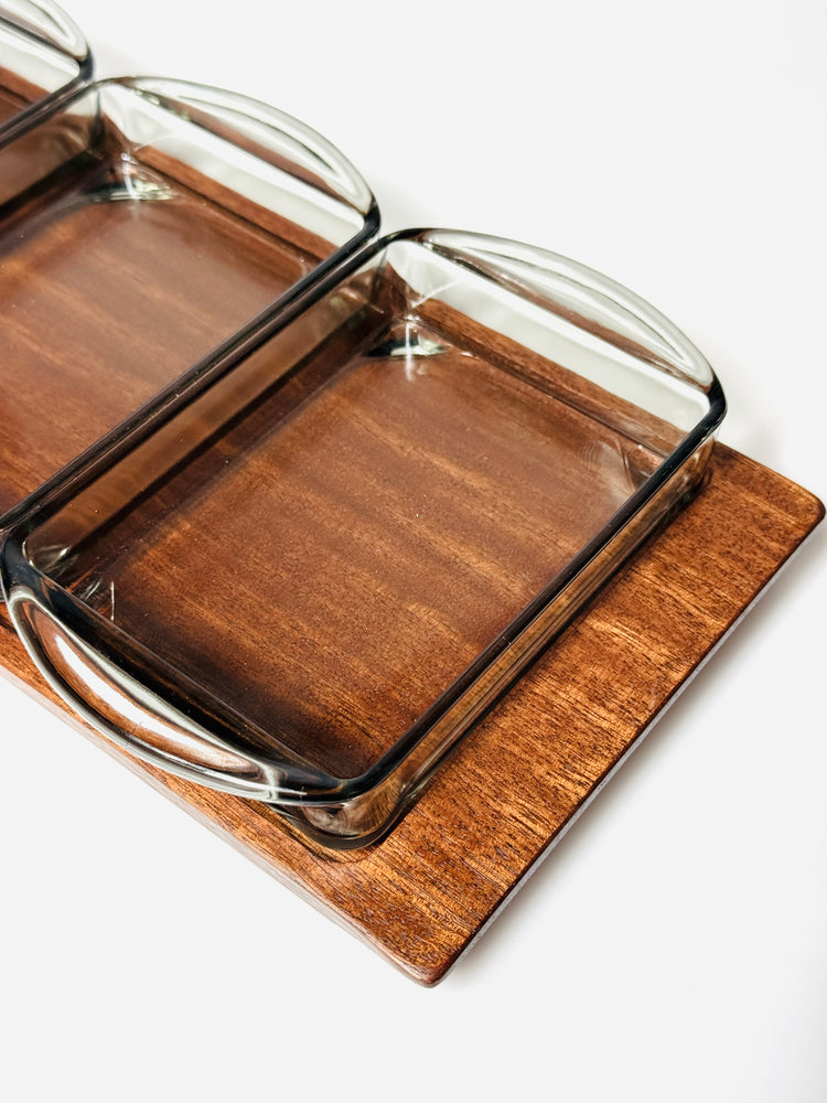 Snackschale Tablett Holmegaard Rauchglas Teakholz Danish 60s