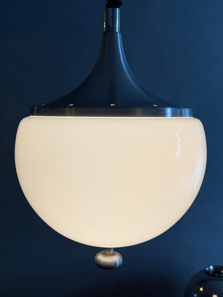 Pendelleuchte Lampe Stilux Milano Italy Opalglas Aluminium 1970er