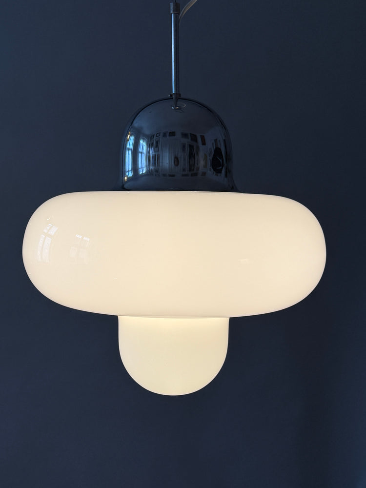 Pendelleuchte Lampe Deckenlampe Italien Italy Spaceage Opalglas Chrom 1970er