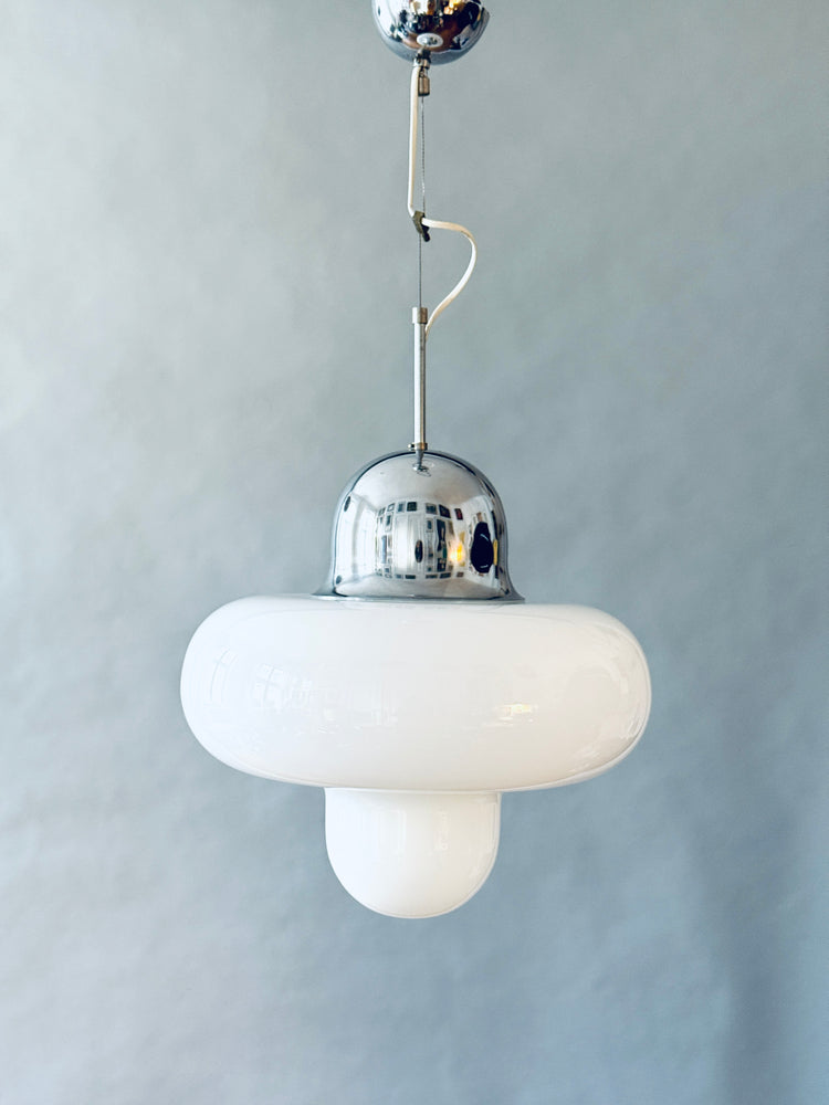 Pendelleuchte Lampe Deckenlampe Italien Italy Spaceage Opalglas Chrom 1970er