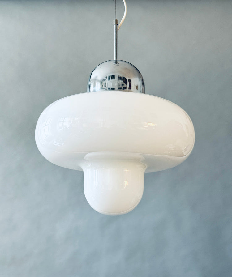 Pendelleuchte Lampe Deckenlampe Italien Italy Spaceage Opalglas Chrom 1970er
