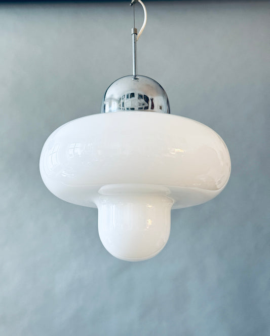 Pendelleuchte Lampe Deckenlampe Italien Italy Spaceage Opalglas Chrom 1970er