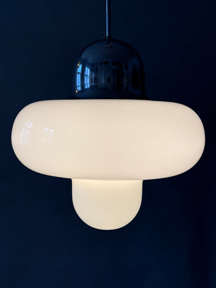 Pendelleuchte Lampe Deckenlampe Italien Italy Spaceage Opalglas Chrom 1970er
