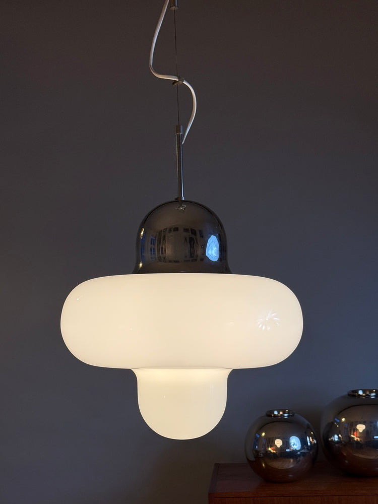 Pendelleuchte Lampe Deckenlampe Italien Italy Spaceage Opalglas Chrom 1970er