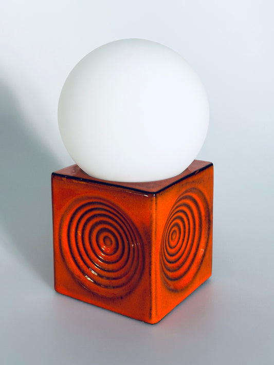 1970er Steuler Lampe OpArt Tischleuchte Keramik Orange Wirbel Cube West German Pottery Spaceage