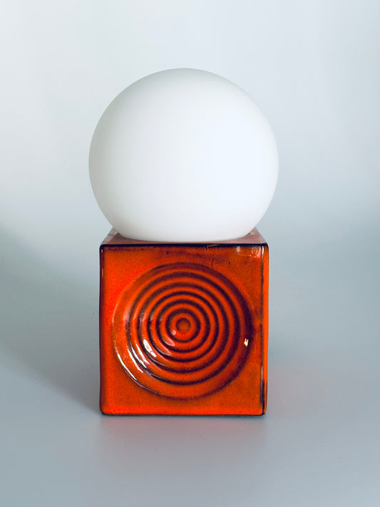 1970er Steuler Lampe OpArt Tischleuchte Keramik Orange Wirbel Cube West German Pottery Spaceage