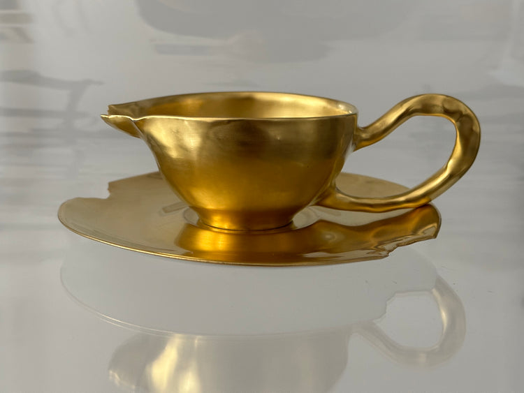 Ivan Jelinek Kunst Porzellan vergoldet Skulptur Tasse Teller Sahnekännchen Creamer Gold
