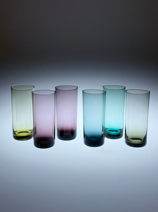 Set von 6 bunten Longdrinkgläsern, mundgeblasen, 1950er