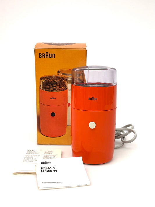 KSM1 Kaffeemühle von Braun, Entwurf Reinhold Weiß, 1967, in Orange