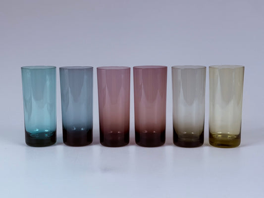 Set von 6 bunten Longdrinkgläsern, mundgeblasen, 1950er