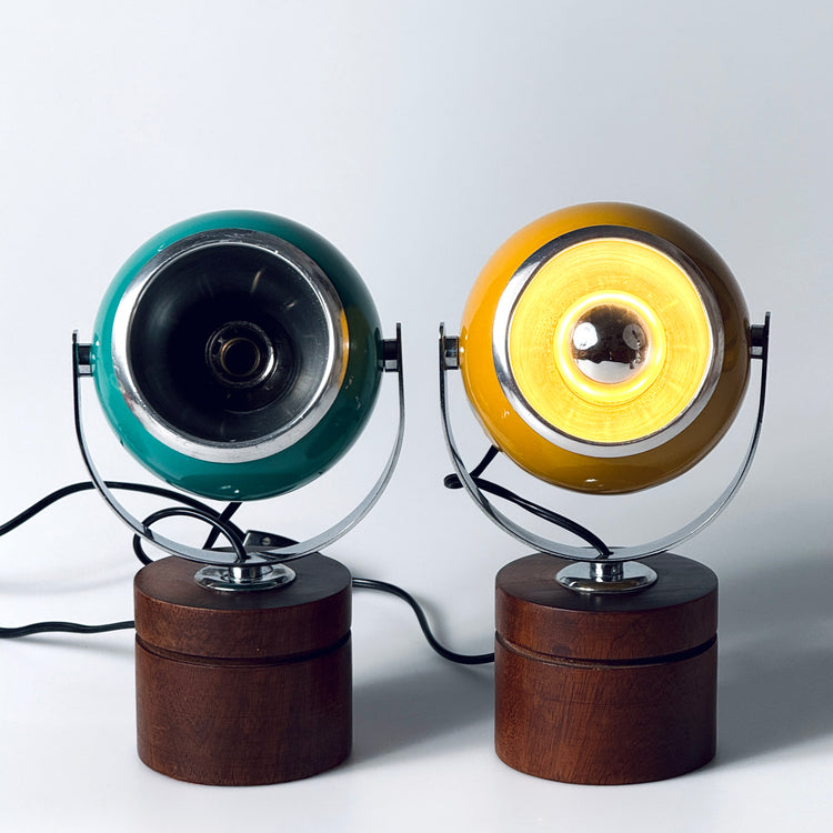 Paar Eyeball Tischleuchte Lampe gelb türkis Teak Italien Spaceage 1970er