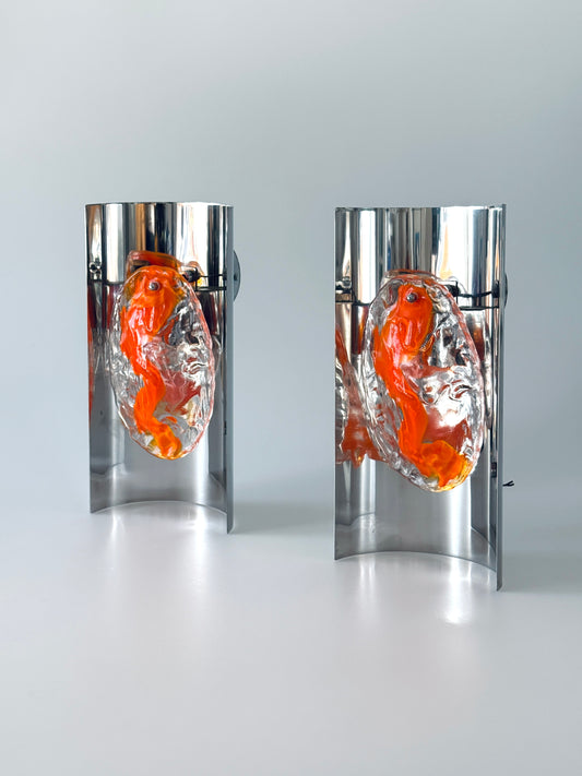 Mazzega Wandleuchte Wandlampe Murano Glas Chrom Lampe Paar 70er