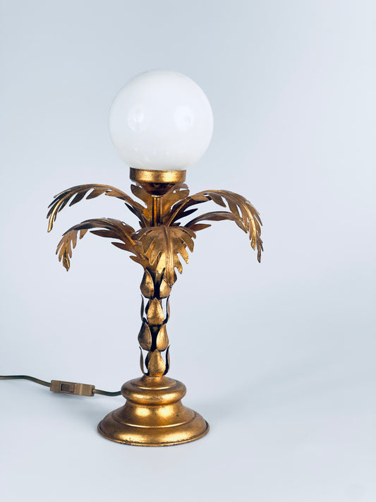 Hans Kögl Tischleuchte Lampe vergoldet Palme Opalglas 1970er
