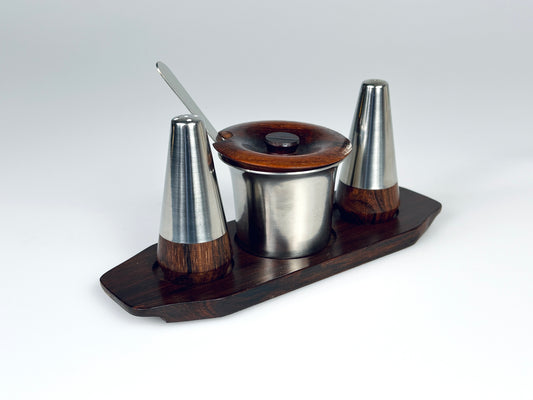 Lundtofte Gewürz Set Streuer Pfeffer Salz Senf Edelstahl Palisander Eckhoff und Sachs für Lundtofte Danish Modern Frühstück Set. Mitte des Jahrhunderts 1960er