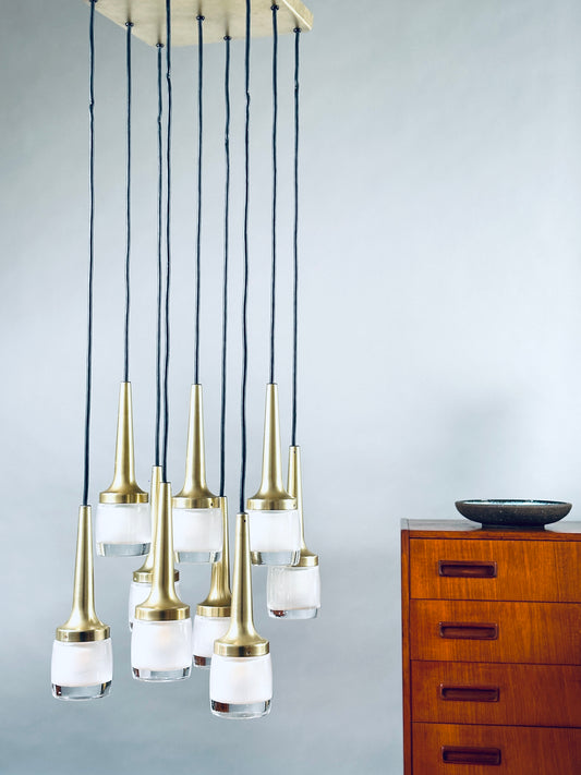 Staff Kaskadenleuchte Hängeleuchte vermessingt 9 Leuchtkörper 1970er