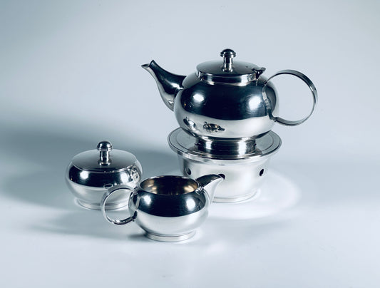 Tee-Service Teekanne Stövchen Sahnegießer Zuckerschale Set versilbert 1960er