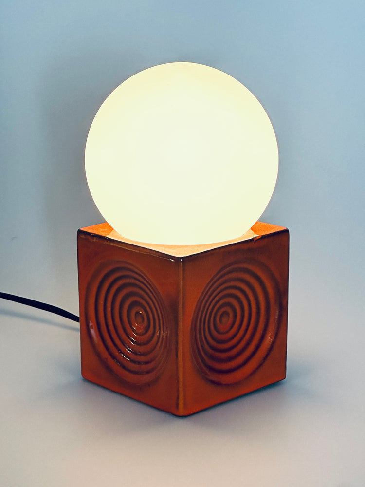 1970er Steuler Lampe OpArt Tischleuchte Keramik Orange Wirbel Cube West German Pottery Spaceage