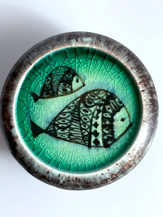 Deckeldose italienische Studiokeramik Venedig Fische Craquelé 1960er